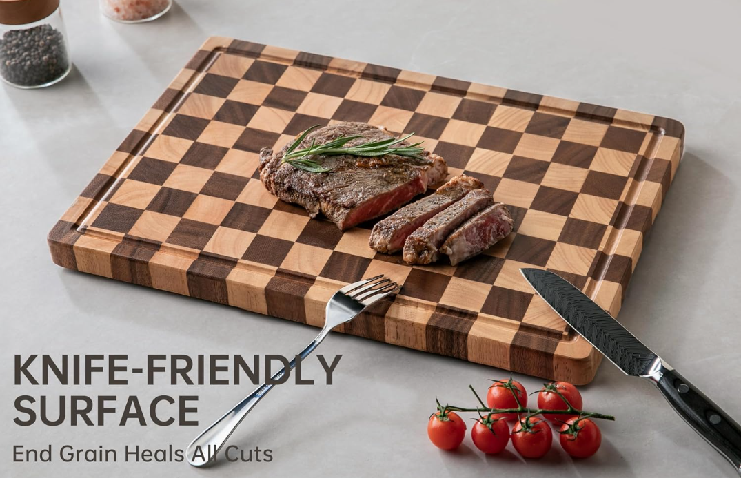 Checkerboard end grain wood surface